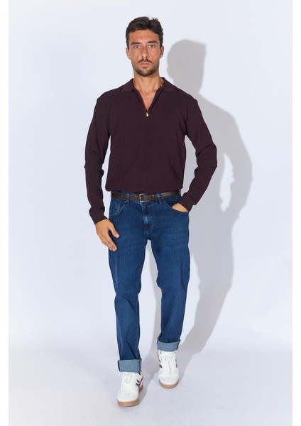 Erkek Bordo Ayaklı Yaka Fermuarlı Pike Örgü Basic Triko fırsatları