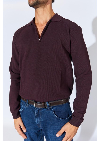 Erkek Bordo Ayaklı Yaka Fermuarlı Pike Örgü Basic Triko indirimleri
