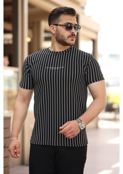 Erkek Dikey Çizgili Ottoman Kumaş Kısa Kollu T-Shirt