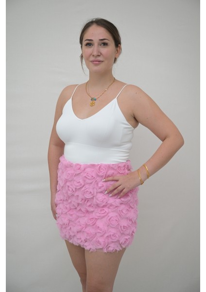 Pembe Kabartma Gül Detaylı Etek fiyatları