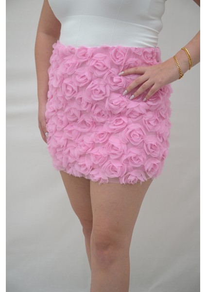 Pembe Kabartma Gül Detaylı Etek modelleri