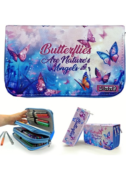 Kalem Kutusu Kelebek Kawai Organizer Kalemkutu Vegan Deri Üç Bölmeli Kalemlik -Mavi