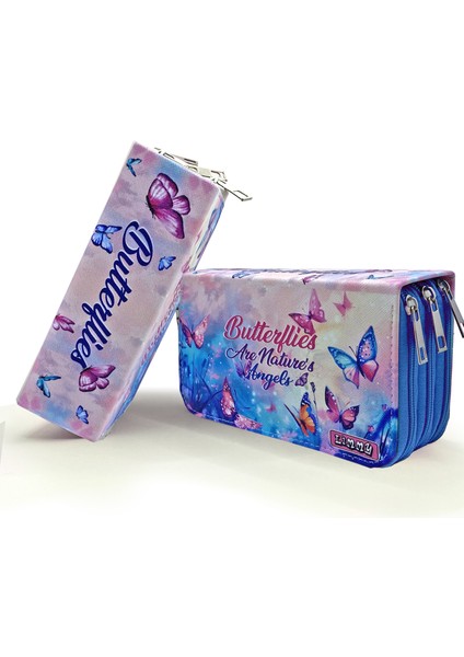 Kalem Kutusu Kelebek Kawai Organizer Kalemkutu Vegan Deri Üç Bölmeli Kalemlik -Mavi fiyatları