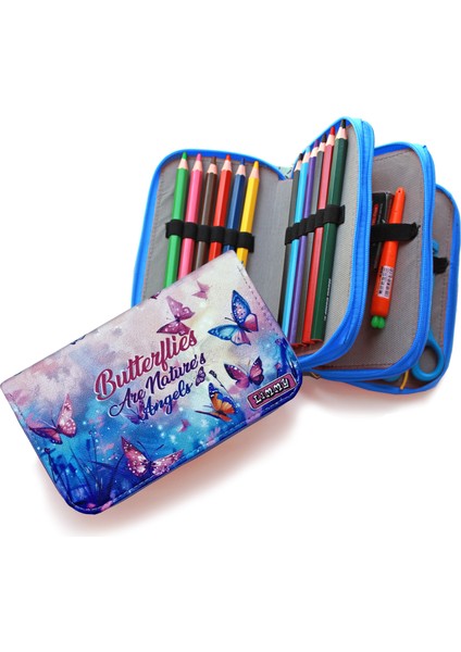 Kalem Kutusu Kelebek Kawai Organizer Kalemkutu Vegan Deri Üç Bölmeli Kalemlik -Mavi modelleri