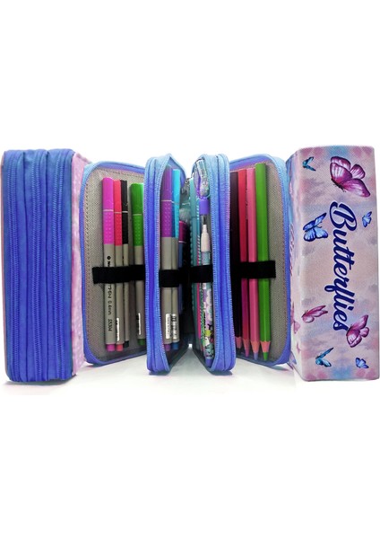 Kalem Kutusu Kelebek Kawai Organizer Kalemkutu Vegan Deri Üç Bölmeli Kalemlik -Mavi indirimleri