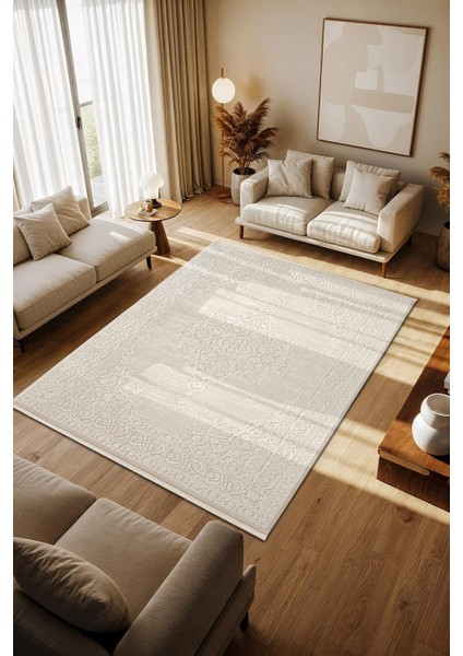 Cotto Motto TT007W Krem Halı Klasik Çerçeveli Desen Pamuk Taban Yıkanabilir Salon Mutfak Halısı