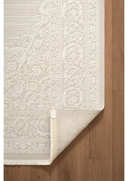 Cotto Motto TT007W Krem Halı Klasik Çerçeveli Desen Pamuk Taban Yıkanabilir Salon Mutfak Halısı indirimleri