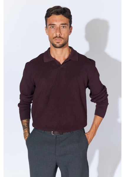 Erkek Bordo Ayaklı V Yaka Fitilli Basic Triko