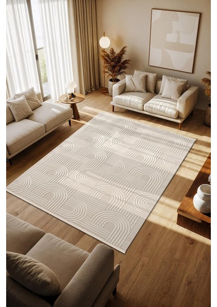 Cotto Motto TT002W Krem Halı Modern Geometrik Çizgili Pamuk Taban Yıkanabilir Salon Mutfak Halısı