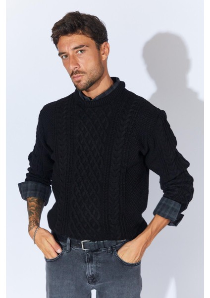 Erkek Siyah Bisiklet Yaka Saç Örgü Triko