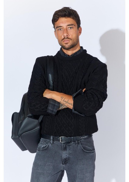 Erkek Siyah Bisiklet Yaka Saç Örgü Triko fiyatları