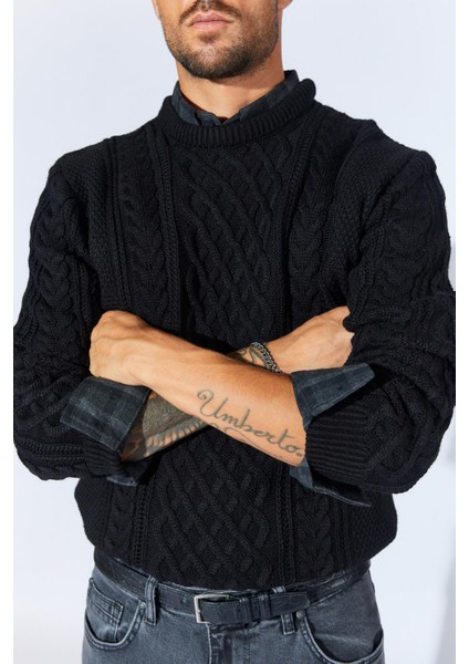 Erkek Siyah Bisiklet Yaka Saç Örgü Triko indirimleri