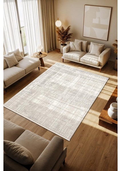 Cotto Motto TT004A Krem Halı Modern Desen Pamuk Taban Yıkanabilir Salon Mutfak Oturma Odası Halısı