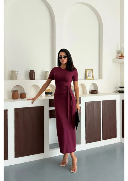Kadın Bordo Yandan Bağlamalı Yırtmaçlı Elbise