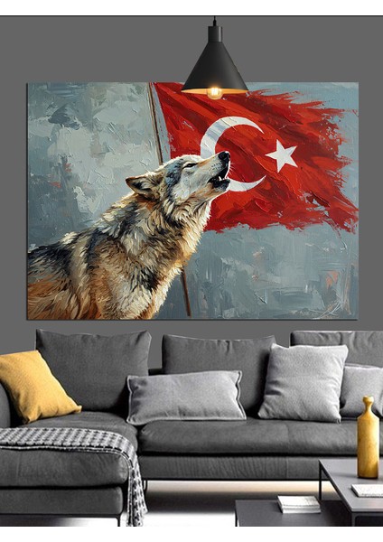 Türk Bayrağı Önünde Uluyan Kurt Dekoratif Kanvas - Mdf Ahşap Tablo