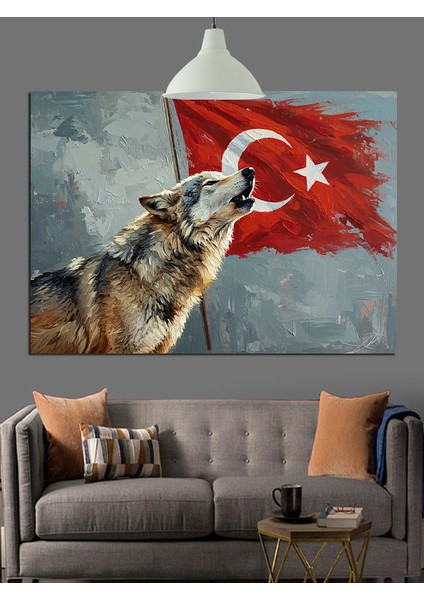 Türk Bayrağı Önünde Uluyan Kurt Dekoratif Kanvas - Mdf Ahşap Tablo fiyatları