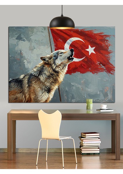 Türk Bayrağı Önünde Uluyan Kurt Dekoratif Kanvas - Mdf Ahşap Tablo modelleri