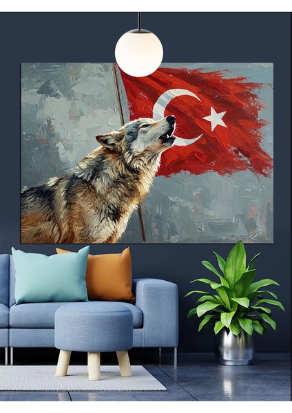 Türk Bayrağı Önünde Uluyan Kurt Dekoratif Kanvas - Mdf Ahşap Tablo fırsatları