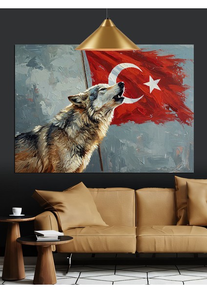 Türk Bayrağı Önünde Uluyan Kurt Dekoratif Kanvas - Mdf Ahşap Tablo indirimleri