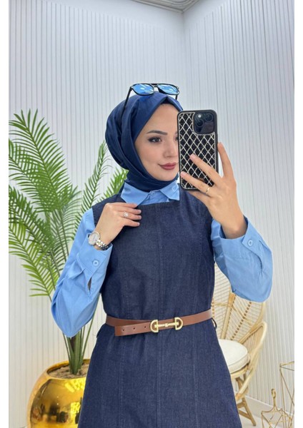 Kadın Kemerli Denim Jile Gömlek Tesettür Takım NMS073 fiyatları