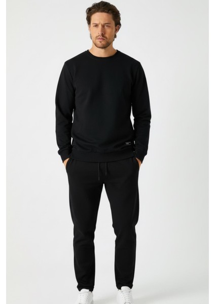 Siyah Relaxed Fit Bisiklet Yaka Sweatshirt Düz Paça Erkek Eşofman Takımı