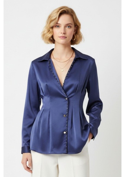 Laci Kruvaze Kesim Taş İşlemeli Kadın Saten Gömlek 8149A