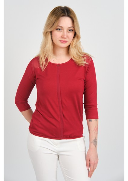 Kadın Omuz ve Kolları Tül Detaylı Beli Lastikli Truvakar Kol Bluz 23321 Bordo
