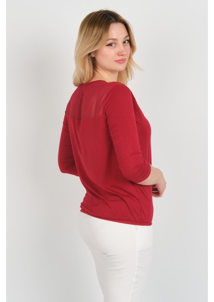 Kadın Omuz ve Kolları Tül Detaylı Beli Lastikli Truvakar Kol Bluz 23321 Bordo fırsatları
