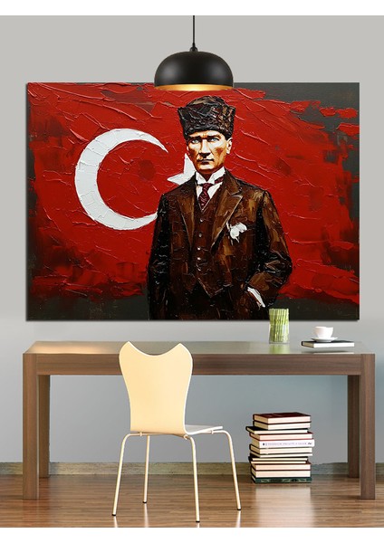 Türk Bayrağı Önünde Atatürk Dekoratif Kanvas - Mdf Ahşap Tablo