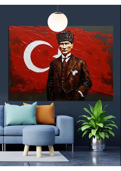Türk Bayrağı Önünde Atatürk Dekoratif Kanvas - Mdf Ahşap Tablo fiyatları