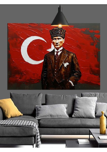 Türk Bayrağı Önünde Atatürk Dekoratif Kanvas - Mdf Ahşap Tablo fırsatları