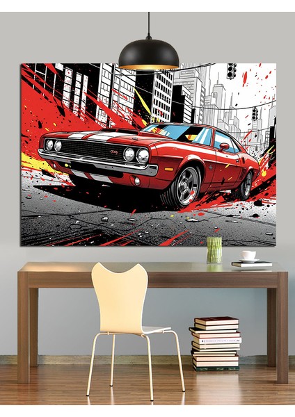 Grafik Tarzda Kırmızı Araba Dekoratif Kanvas - Mdf Ahşap Tablo