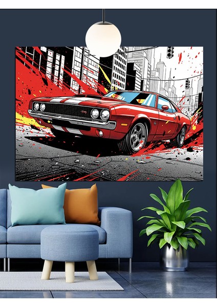 Grafik Tarzda Kırmızı Araba Dekoratif Kanvas - Mdf Ahşap Tablo fiyatları
