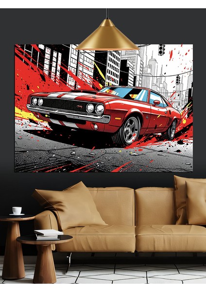 Grafik Tarzda Kırmızı Araba Dekoratif Kanvas - Mdf Ahşap Tablo modelleri