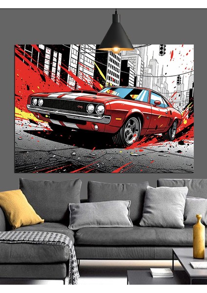 Grafik Tarzda Kırmızı Araba Dekoratif Kanvas - Mdf Ahşap Tablo fırsatları