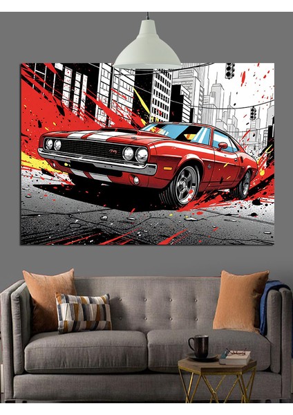 Grafik Tarzda Kırmızı Araba Dekoratif Kanvas - Mdf Ahşap Tablo indirimleri