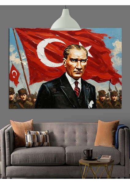 Bayrak Önünde Atatürk Portresi Dekoratif Kanvas - Mdf Ahşap Tablo