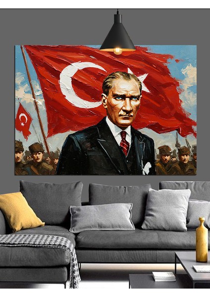 Bayrak Önünde Atatürk Portresi Dekoratif Kanvas - Mdf Ahşap Tablo indirimleri