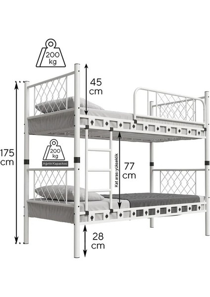 Argimo Bella Genç Çocuk Yatak Odası Metal Ranza ve Karyola 90 x 190 Beyaz