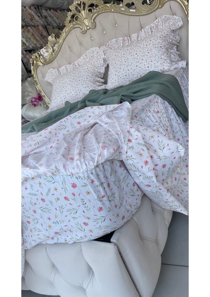 Çift Kişilik 180X200 cm Yatağa Uygun Fırfırlı Etekli Lastikli Çarşaf, 2 Adet Fırfırlı Yastık Kılıfı ve Pike
