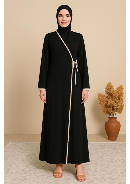 Kadın Kruvaze Yaka Uzun Kollu Yandan Bağlamalı Polyester Namaz Elbisesi Düz Desenli