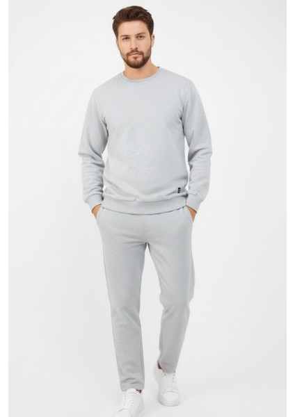 Gri Relaxed Fit Bisiklet Yaka Sweatshirt Düz Paça Erkek Eşofman Takımı