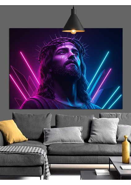 Neon Işıklı Isa Tasviri Dekoratif Kanvas - Mdf Ahşap Tablo