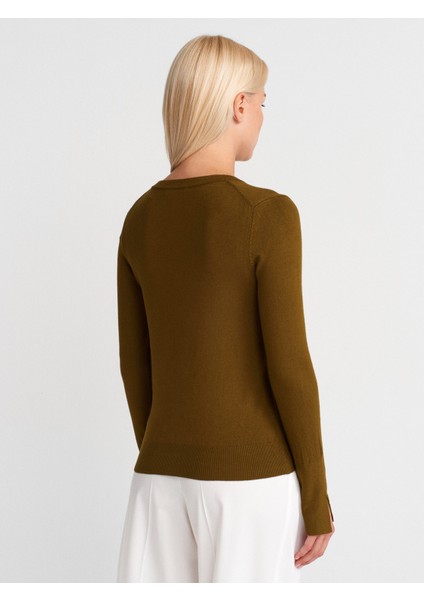 10427 V Yaka Kolu Yırtmaçlı Kazak-Yağ Yeşil fiyatları