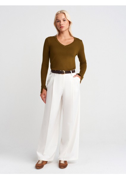 10427 V Yaka Kolu Yırtmaçlı Kazak-Yağ Yeşil fırsatları