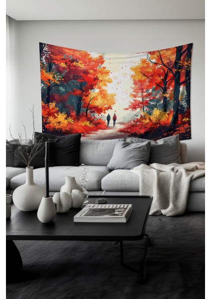 Sonbahar Yürüyüşü Desenli Duvar Halısı Duvar Örtüsü Tapestry Süet Dokulu Kumaş