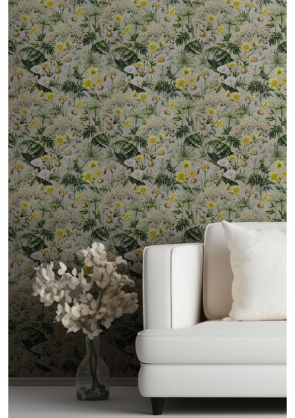 Sarı Beyaz Papatya Çiçek Desenli Duvar Kağıdı