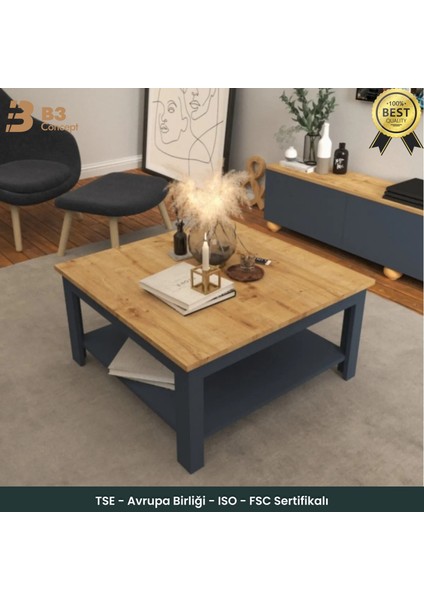 B3CONCEPT Nort Serisi Modern Dekoratif Raflı Kare Salon Orta Sehpa Safir Meşe-Antrasit