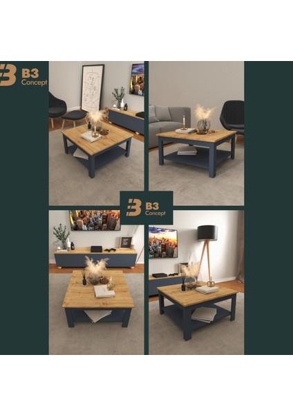 B3CONCEPT Nort Serisi Modern Dekoratif Raflı Kare Salon Orta Sehpa Safir Meşe-Antrasit fiyatları