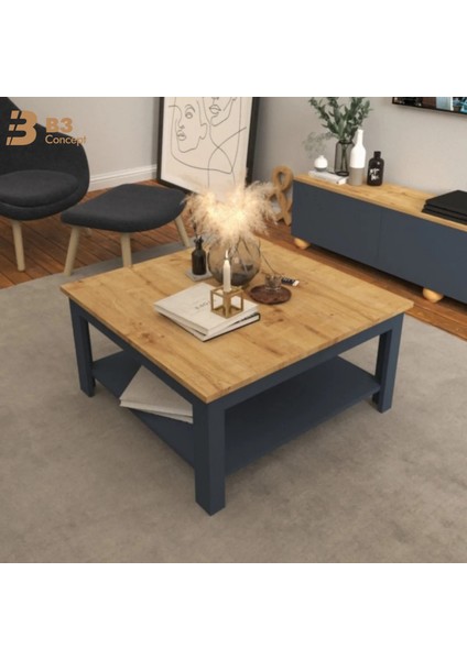 B3CONCEPT Nort Serisi Modern Dekoratif Raflı Kare Salon Orta Sehpa Safir Meşe-Antrasit